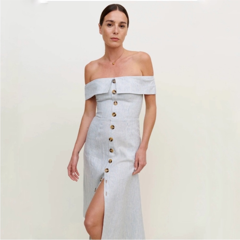 Reformation Adriel Linen Dress size 2 Stripe off the shoulder summer midi dress